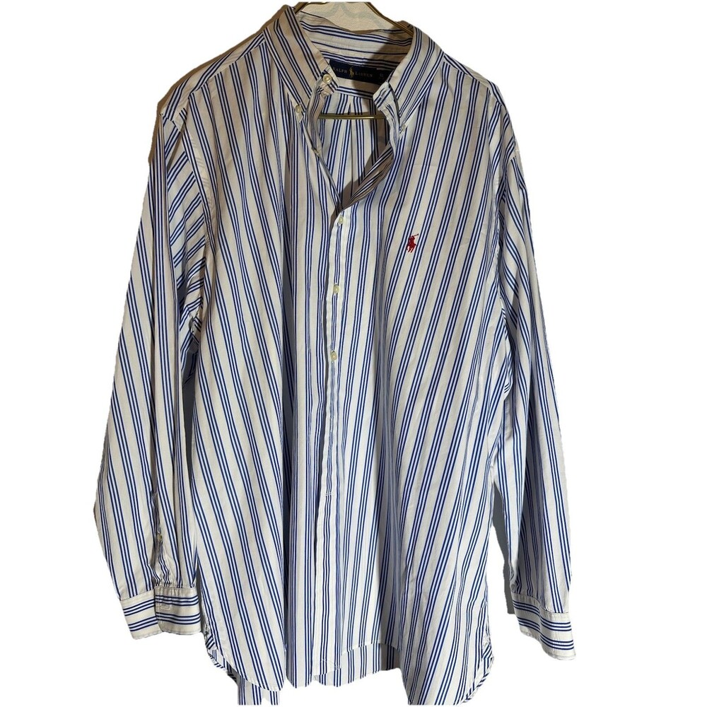 Ralph Lauren Red Pony White Striped Shirt Mens LS, 18 34-35 Button Up 52” chest